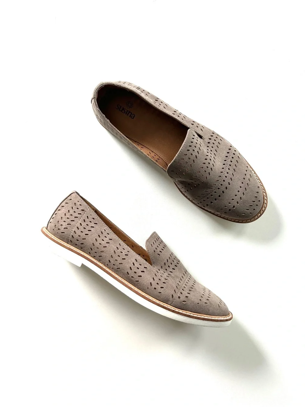 Susina Taupe Perforated Slip-On Suede Loafer Flats